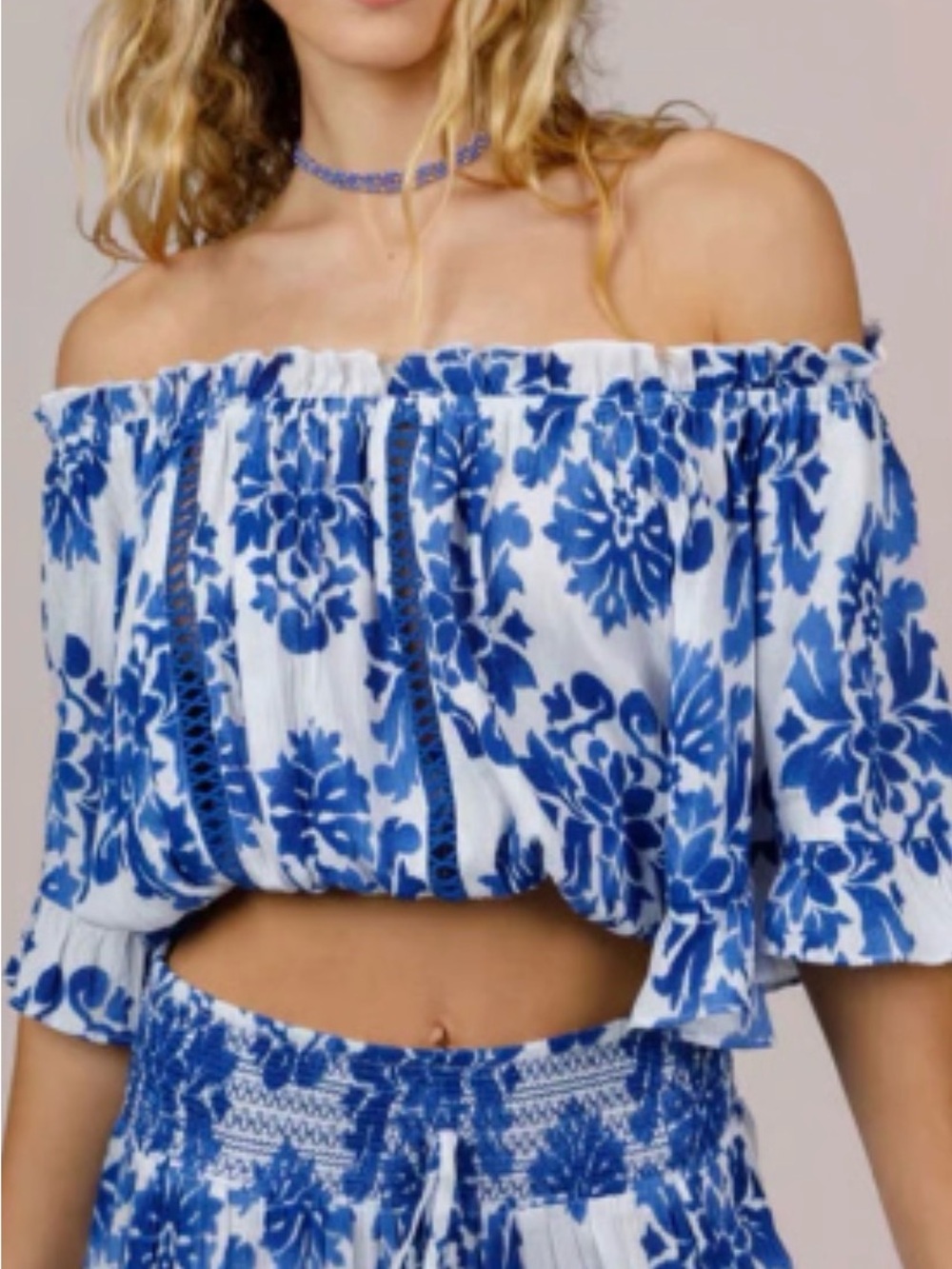 Blue Floral Off-Shoulder Crop Top - Women's